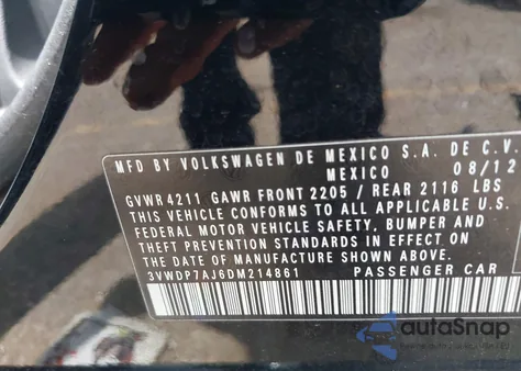 2013 Volkswagen Jetta 2.5L Se z USA, uszkodzony, nr VIN 3VWDP7AJ6DM214861